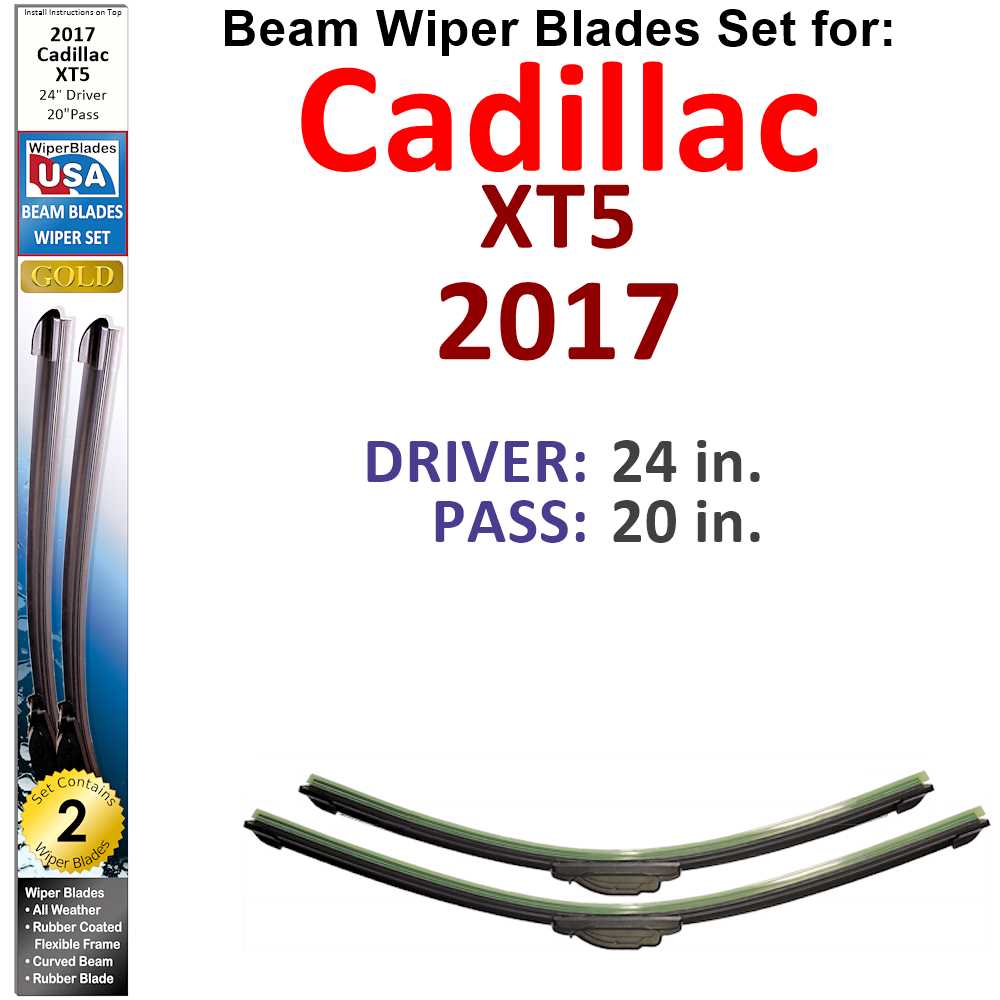 Set of two Beam Wiper Blades designed for 2017 Cadillac XT5, showcasing their flexible and durable construction.