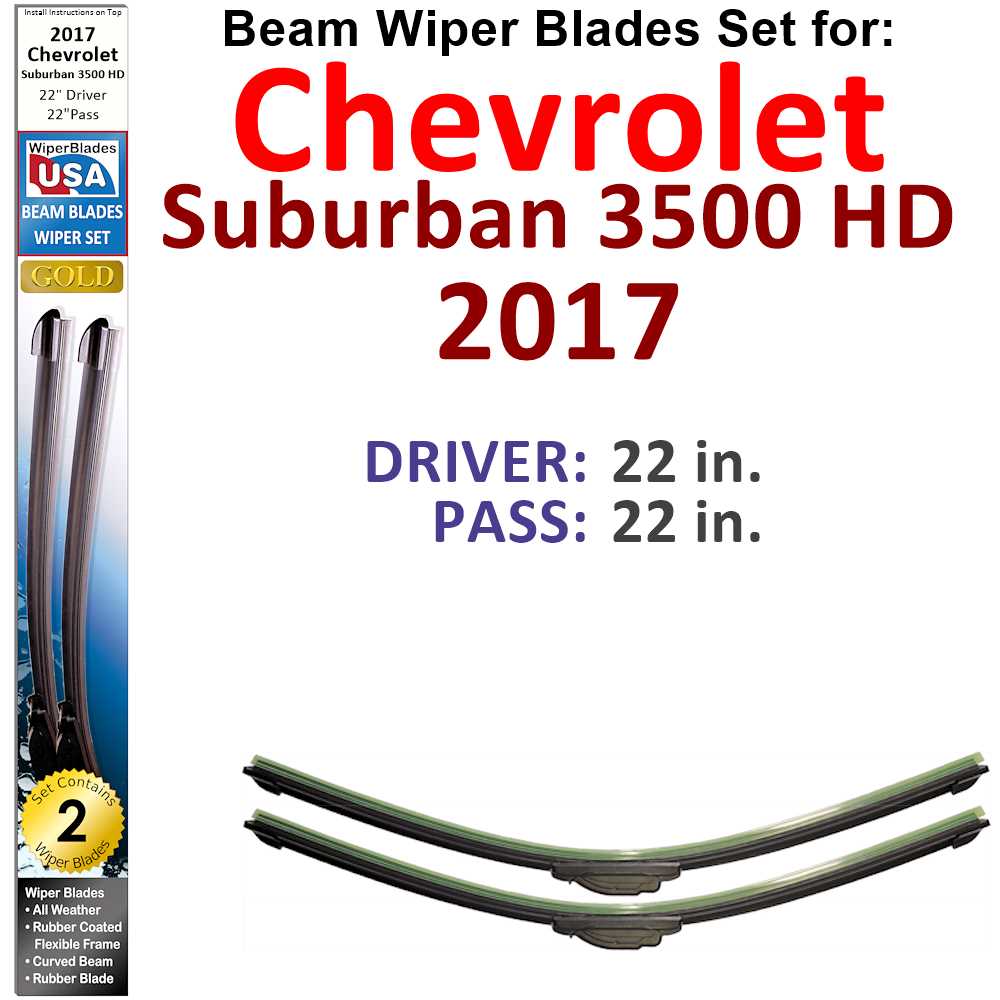 Set of two Beam Wiper Blades designed for 2017 Chevrolet Suburban 3500 HD, showcasing their flexible and durable construction.