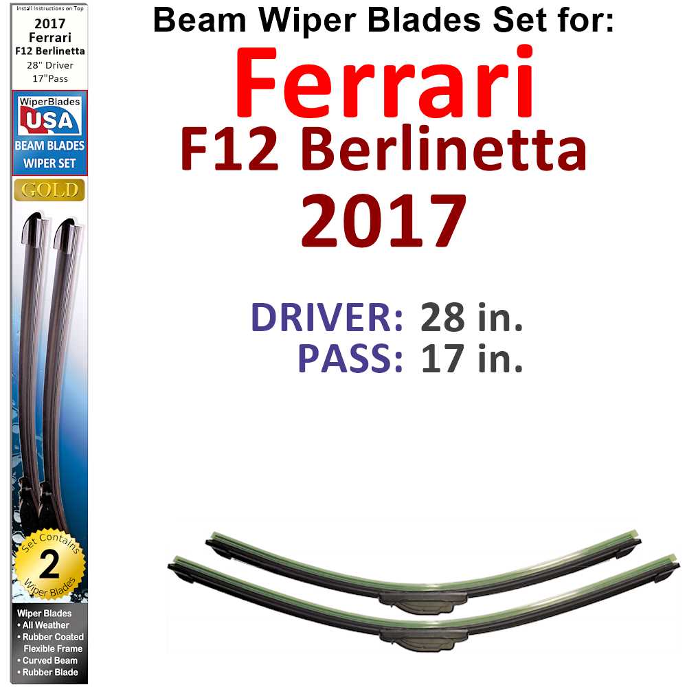 Set of two Beam Wiper Blades designed for 2017 Ferrari F12 Berlinetta, showcasing their sleek design and durable construction.