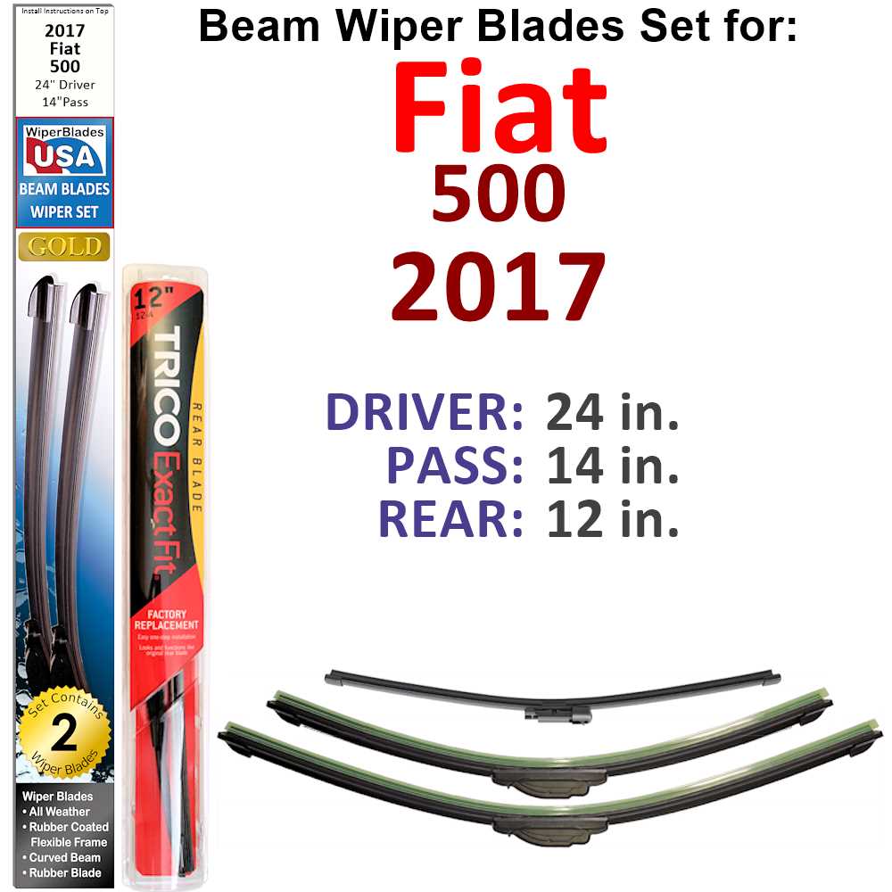 Set of 3 Beam Wiper Blades designed for 2017 Fiat 500, showcasing their flexible and durable construction.