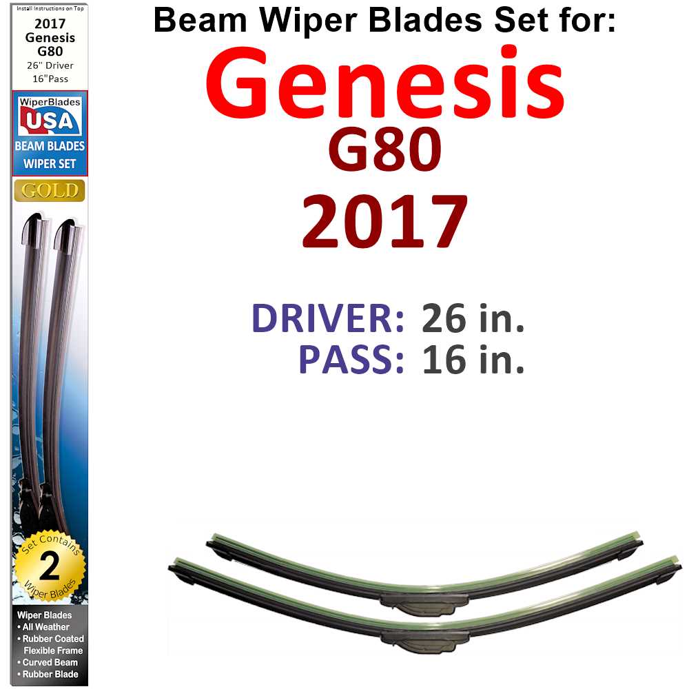 Set of two Beam Wiper Blades designed for 2017 Genesis G80, showcasing their flexible and durable construction.