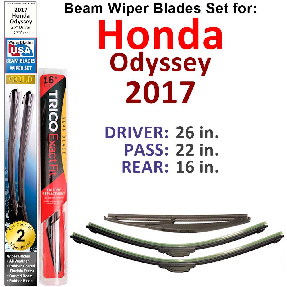 Set of 3 Beam Wiper Blades designed for 2017 Honda Odyssey, showcasing their flexible and sealed design for optimal performance.