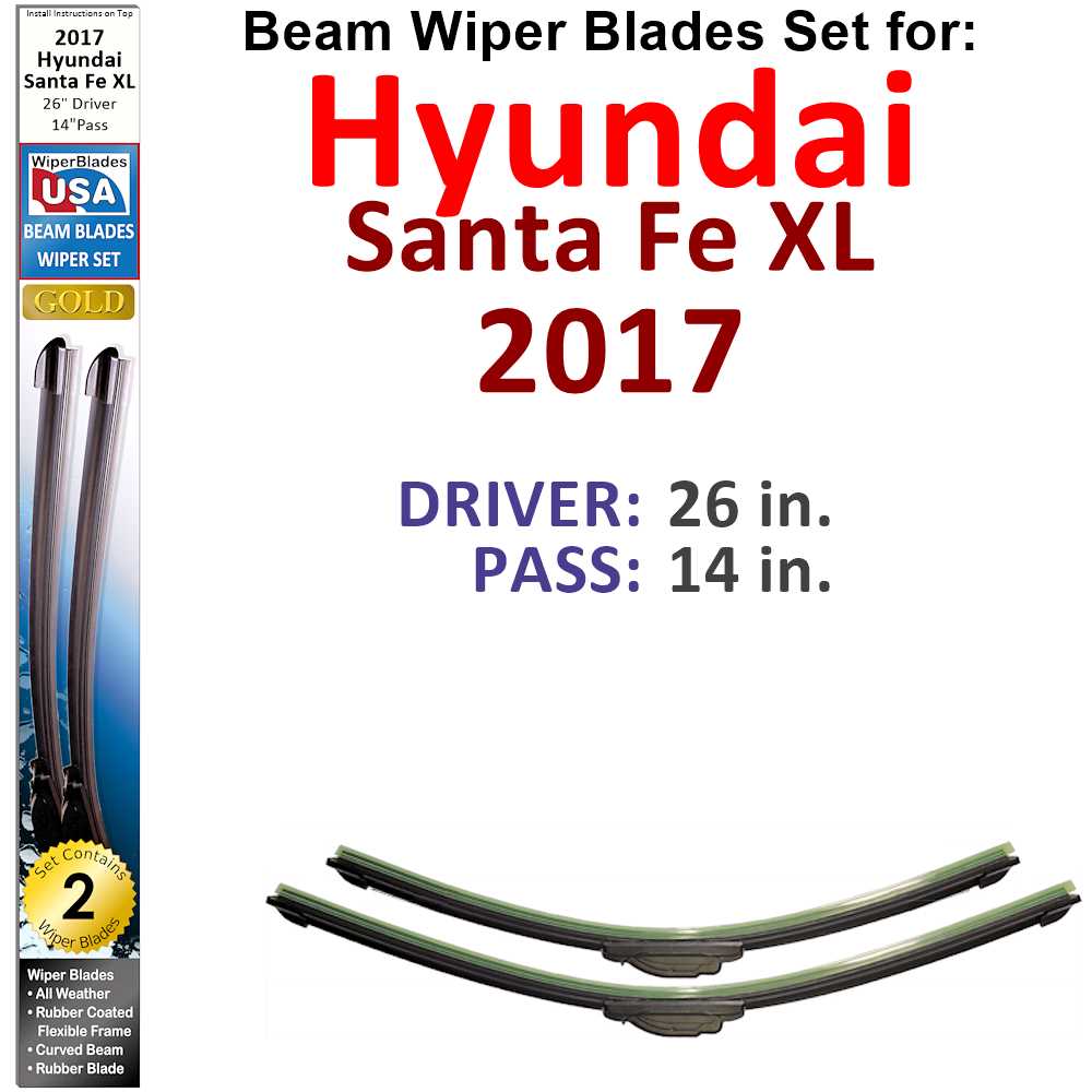 Set of 2 Beam Wiper Blades designed for 2017 Hyundai Santa Fe XL, showcasing their flexible and durable design.