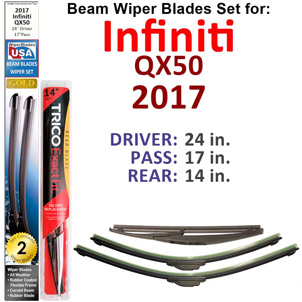 Set of 3 Beam Wiper Blades designed for 2017 Infiniti QX50, showcasing their sleek design and durable construction.