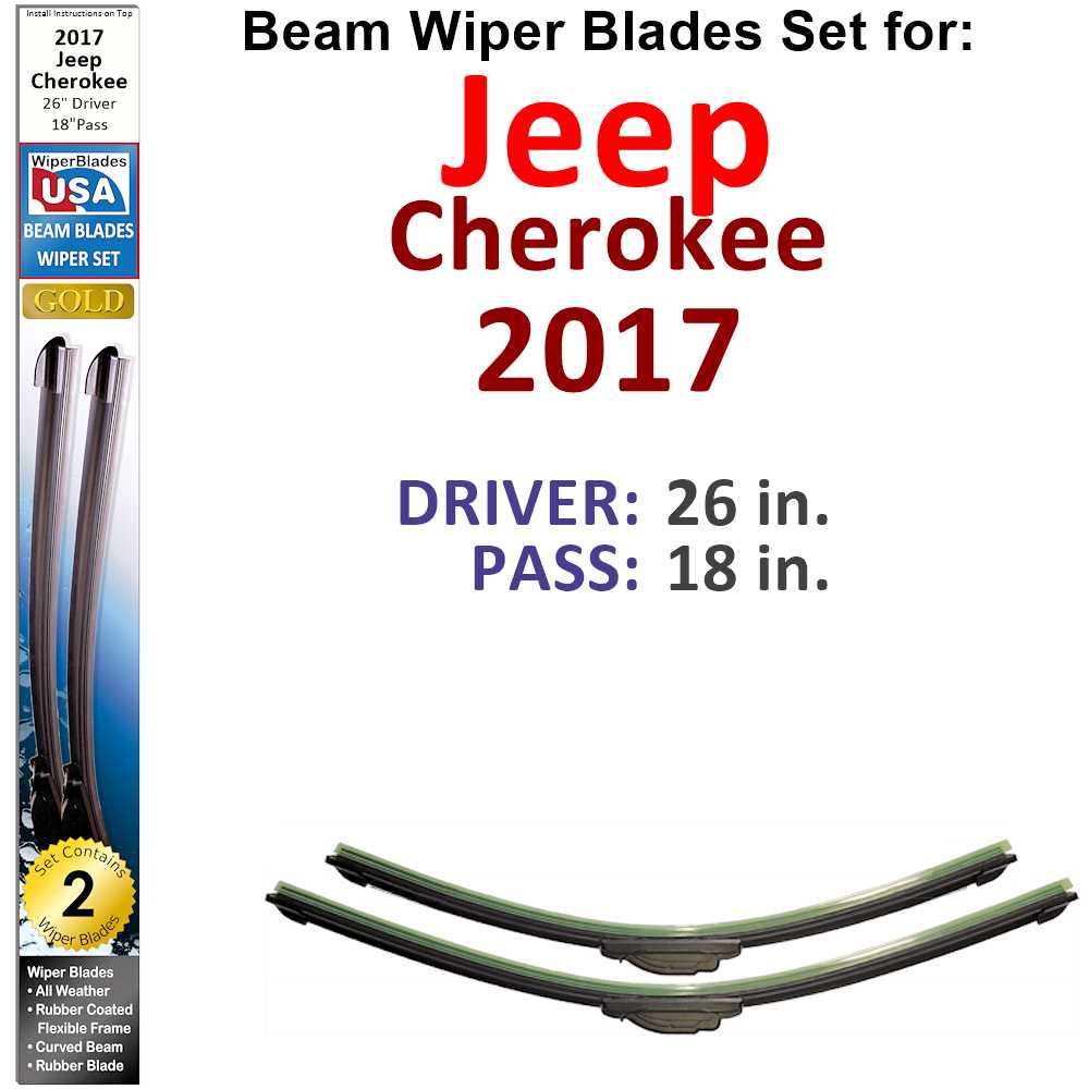 Set of 2 Beam Wiper Blades designed for 2017 Jeep Cherokee, showcasing their flexible and durable construction.