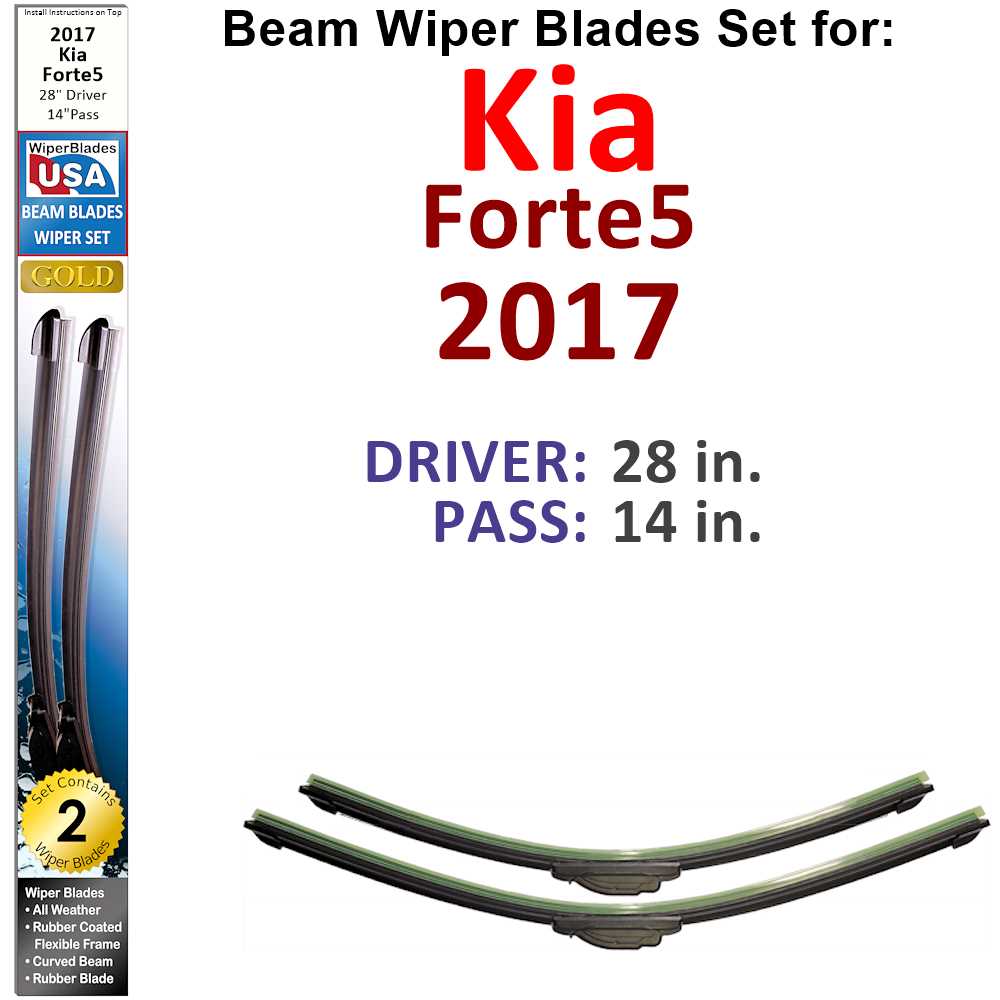 Set of two Beam Wiper Blades designed for 2017 Kia Forte5, showcasing their flexible and sealed design for optimal performance.