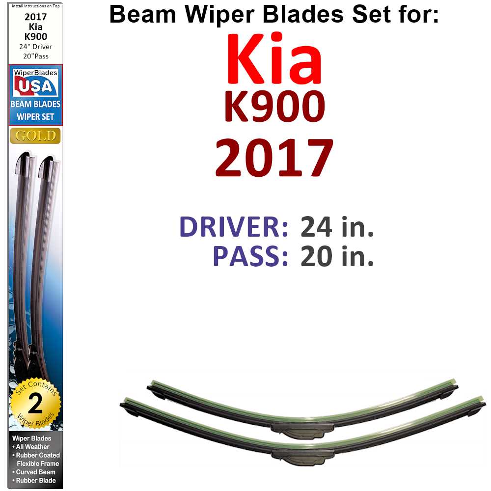 Set of two Beam Wiper Blades designed for 2017 Kia K900, showcasing their flexible and durable construction.