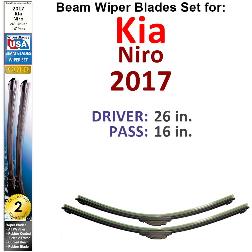 Set of two Beam Wiper Blades designed for 2017 Kia Niro, showcasing their flexible and durable construction.