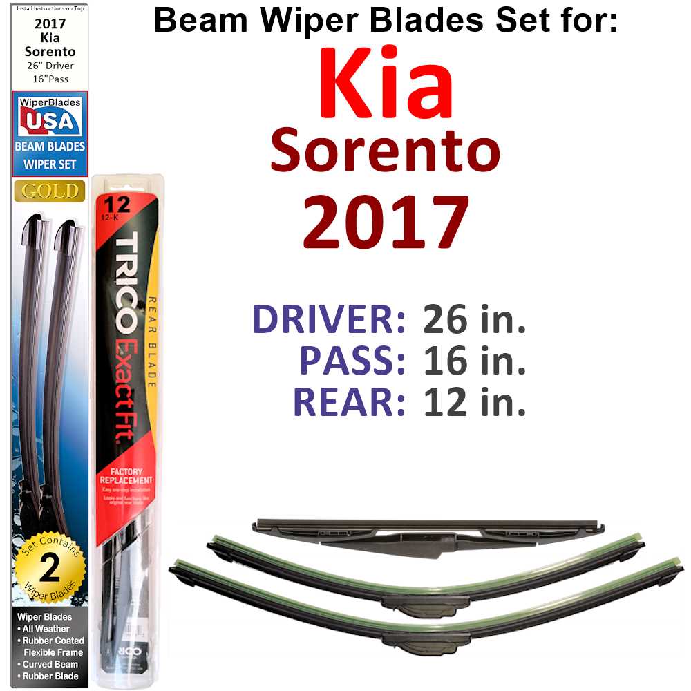 Set of 3 Beam Wiper Blades designed for 2017 Kia Sorento, showcasing their flexible and durable construction.