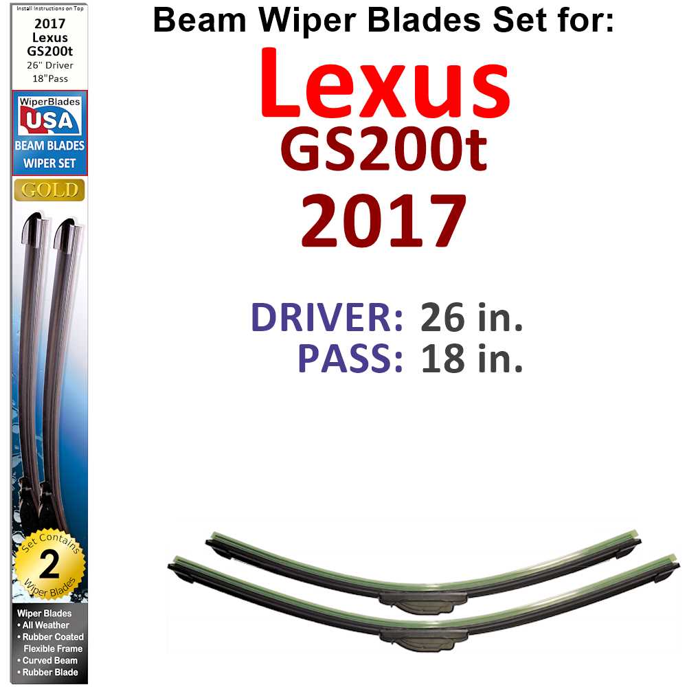 Set of two Beam Wiper Blades designed for 2017 Lexus GS200t, showcasing their flexible and sealed construction for optimal performance.