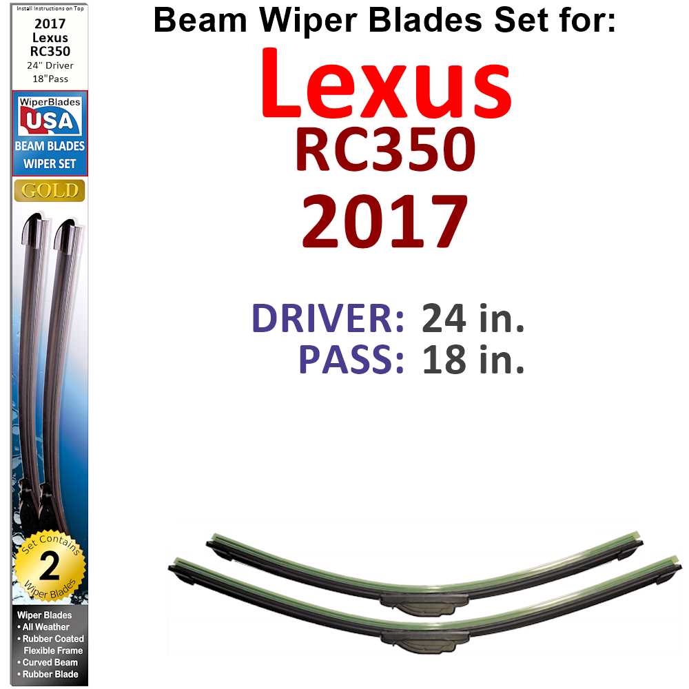 Set of two Beam Wiper Blades designed for 2017 Lexus RC350, showcasing their flexible and sealed design for optimal windshield contact.