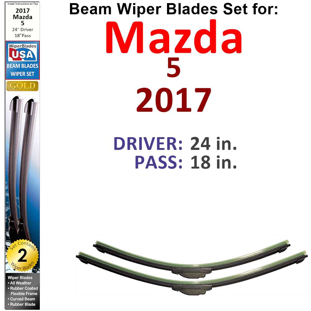 Set of two Beam Wiper Blades designed for 2017 Mazda 5, showcasing their sleek low-profile design and durable rubber construction.