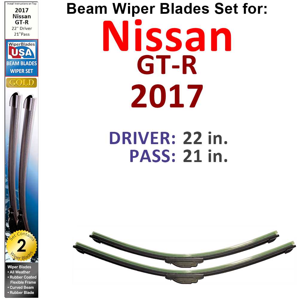 Set of two Beam Wiper Blades designed for 2017 Nissan GT-R, showcasing their flexible and sealed construction for optimal windshield contact.