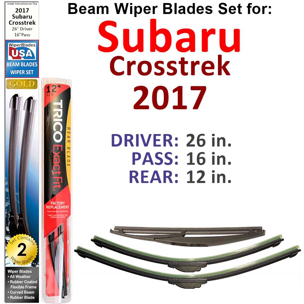 Set of 3 Beam Wiper Blades designed for 2017 Subaru Crosstrek, showcasing their flexible and durable construction.