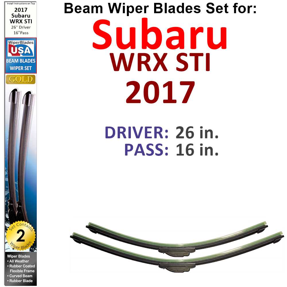 Set of two Beam Wiper Blades designed for 2017 Subaru WRX STI, showcasing their flexible and durable construction.