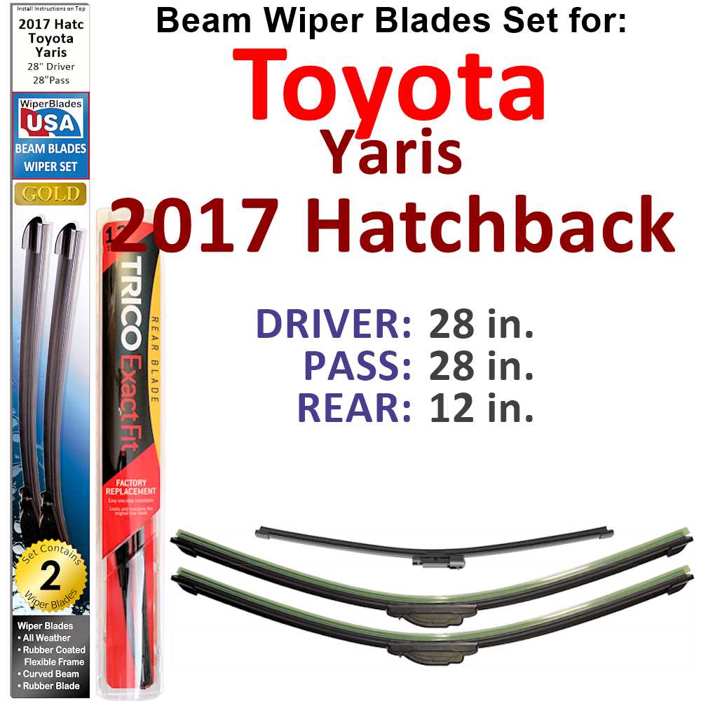 Set of 3 Beam Wiper Blades designed for 2017 Toyota Yaris Hatchback, showcasing their flexible and durable construction.