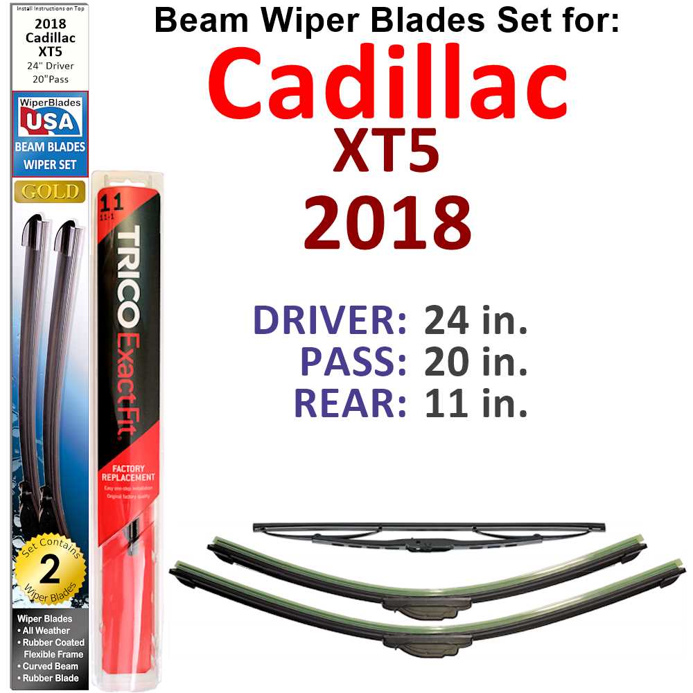 Set of 3 Beam Wiper Blades designed for 2018 Cadillac XT5, showcasing their flexible and durable construction.