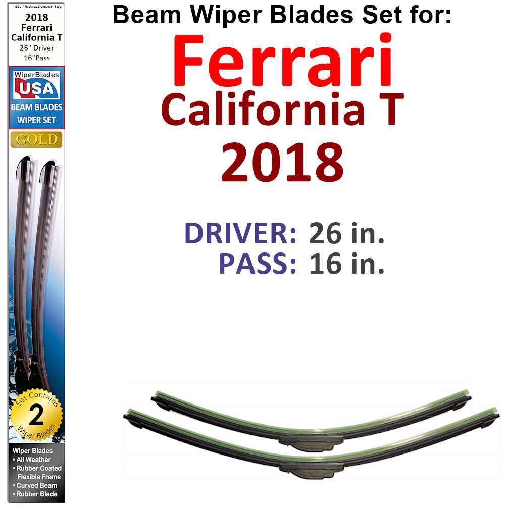 Set of two Beam Wiper Blades designed for 2018 Ferrari California T, showcasing their sleek design and durable construction.