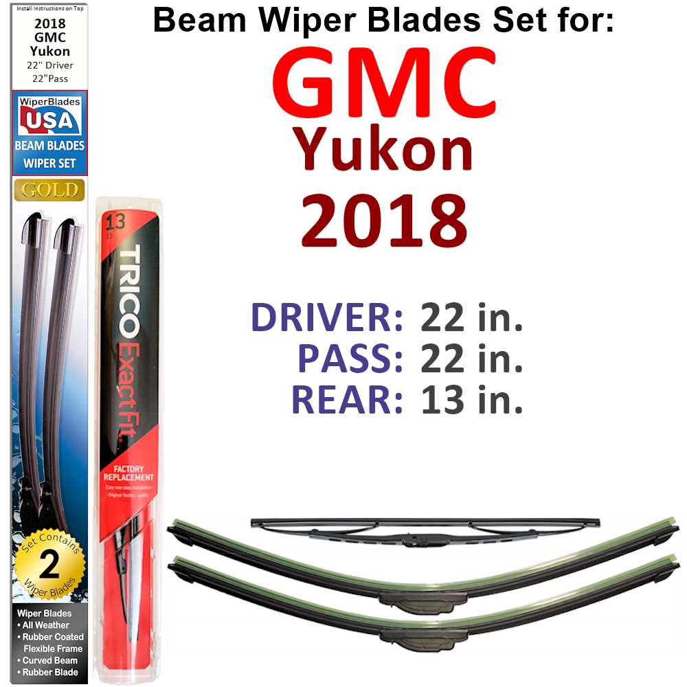 Set of 3 Beam Wiper Blades designed for 2018 GMC Yukon, showcasing their flexible and durable design.