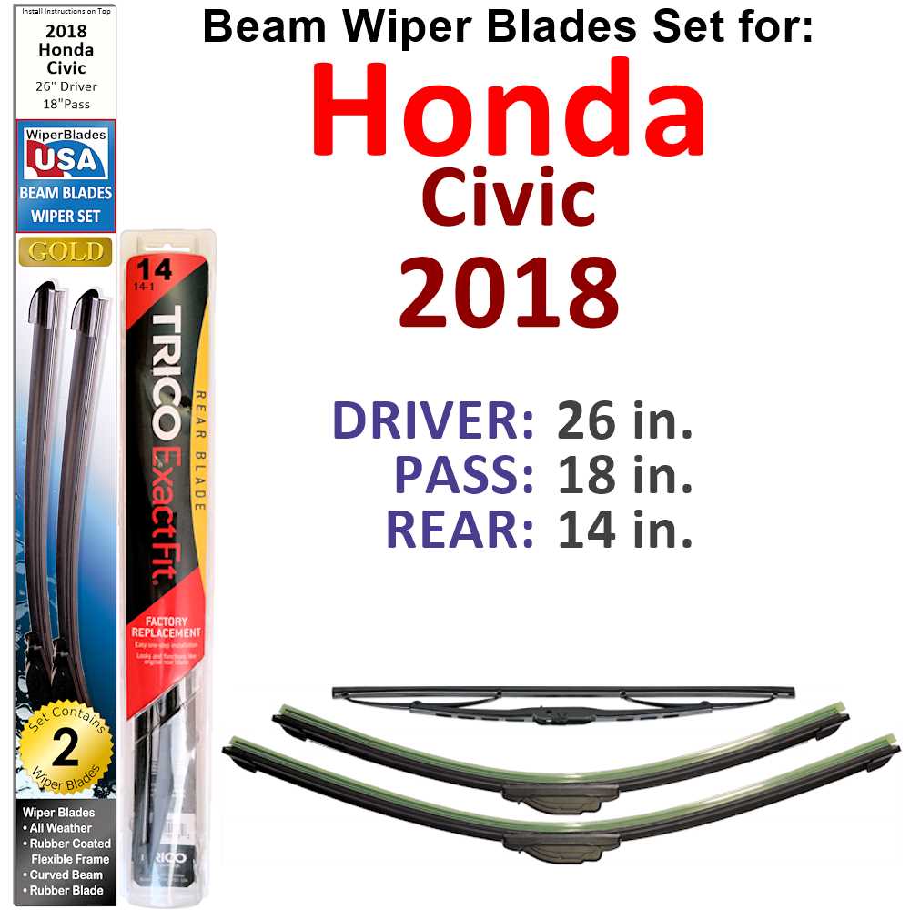 Set of 3 Beam Wiper Blades designed for 2018 Honda Civic, showcasing their flexible and durable construction.