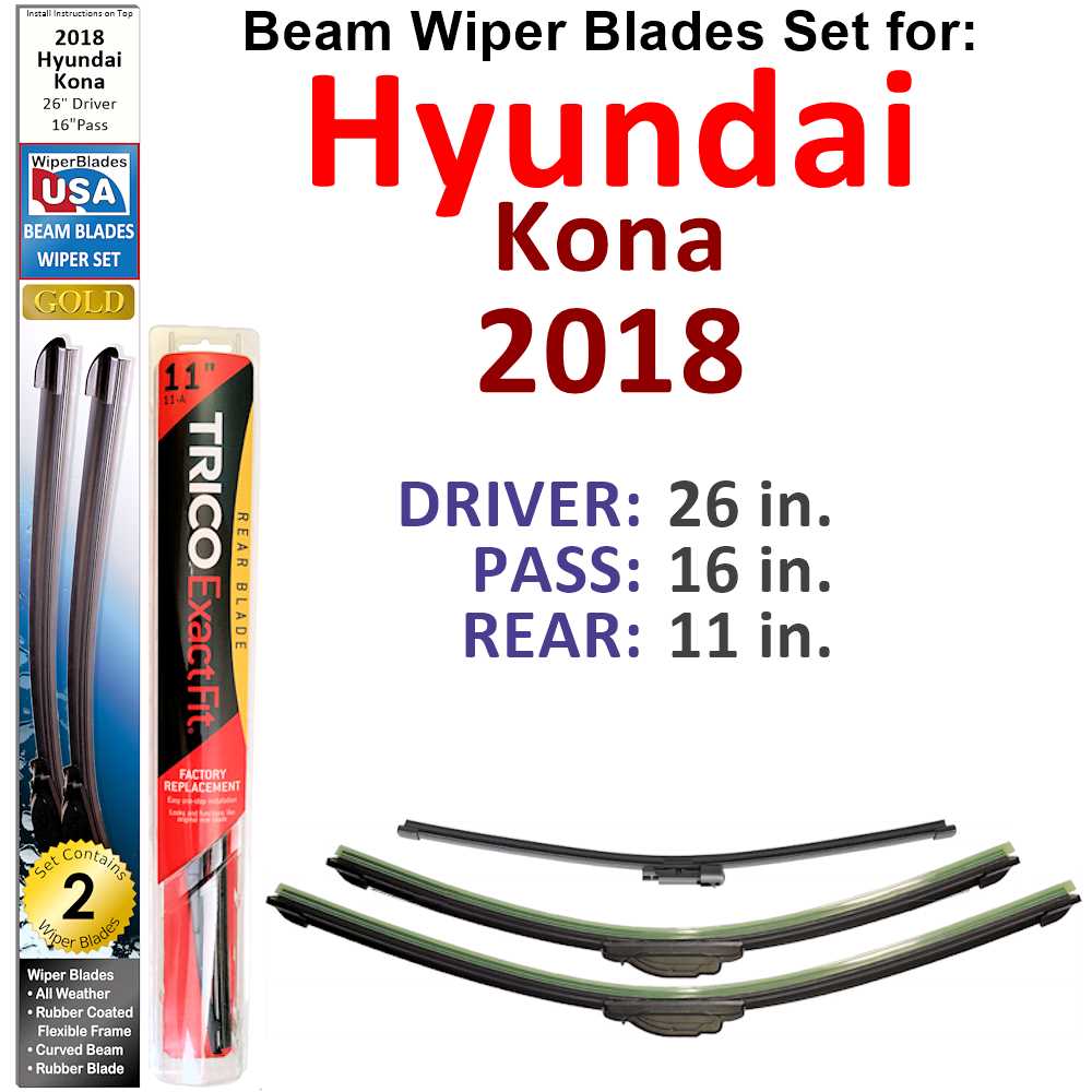 Set of 3 Beam Wiper Blades designed for 2018 Hyundai Kona, showcasing their flexible and durable construction.