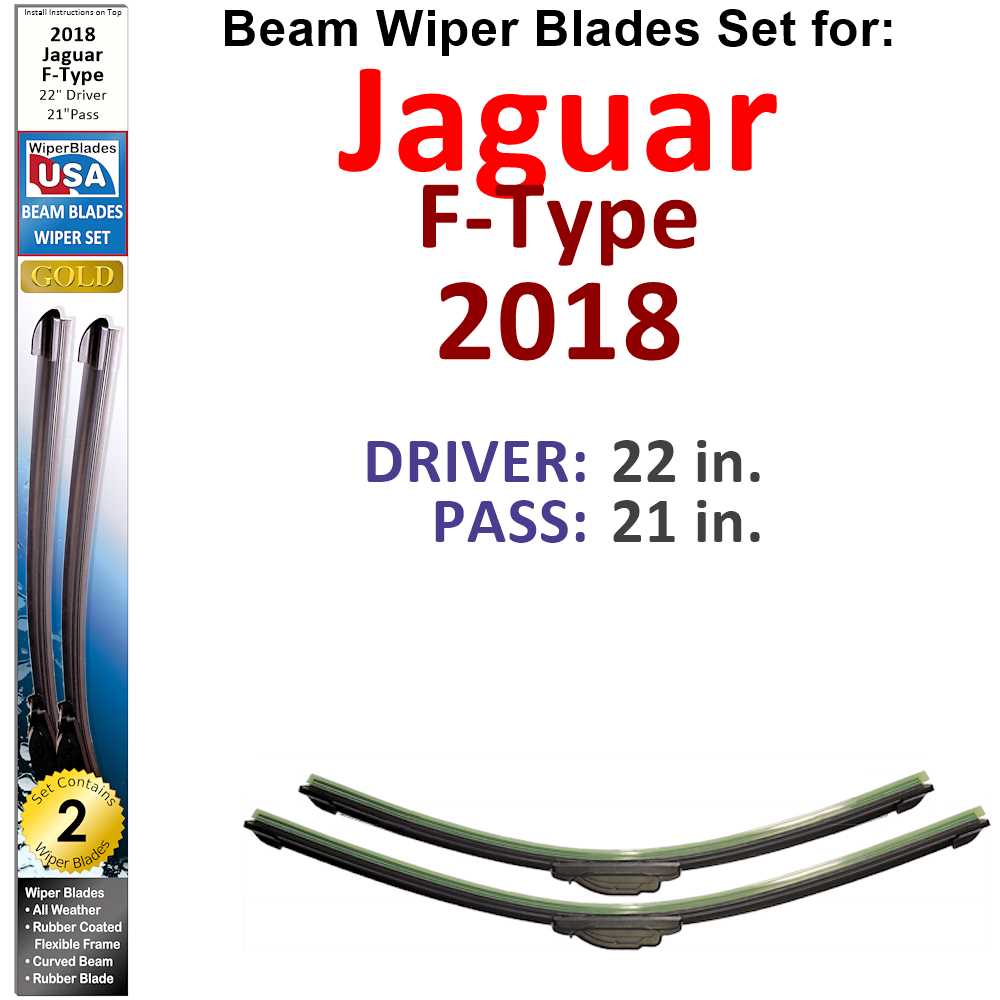 Set of 2 Beam Wiper Blades designed for 2018 Jaguar F-Type, showcasing their flexible and durable design.