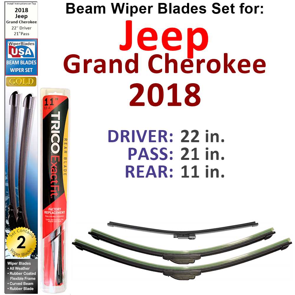 Set of 3 Beam Wiper Blades designed for 2018 Jeep Grand Cherokee, showcasing their flexible and durable construction.