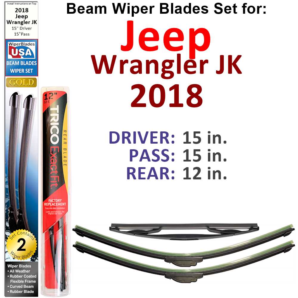 Set of 3 Beam Wiper Blades designed for 2018 Jeep Wrangler JK, showcasing their flexible and durable construction.