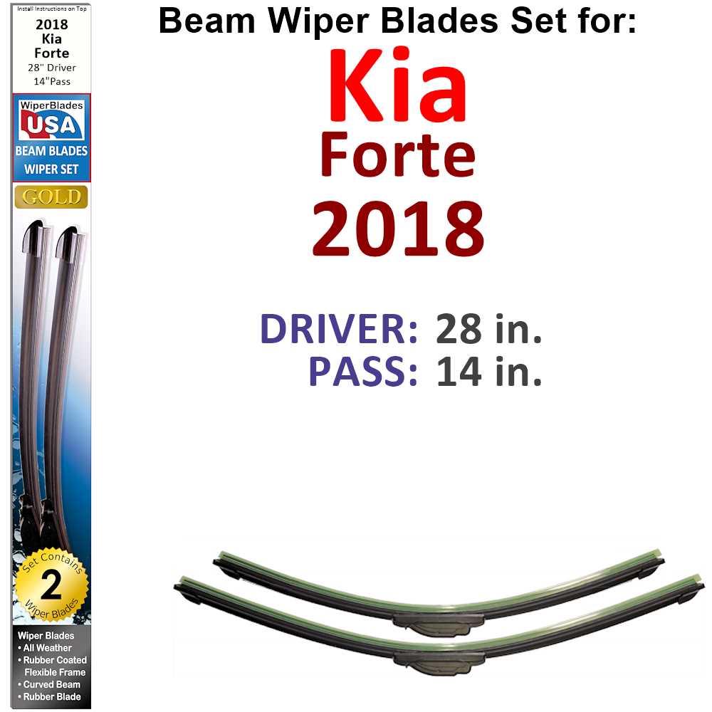 Set of 2 Beam Wiper Blades designed for 2018 Kia Forte, showcasing their flexible and durable construction.