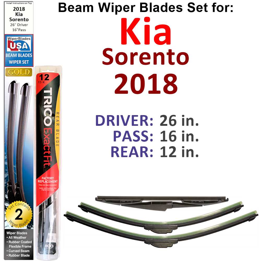 Set of 3 Beam Wiper Blades designed for 2018 Kia Sorento, showcasing their flexible and durable construction.