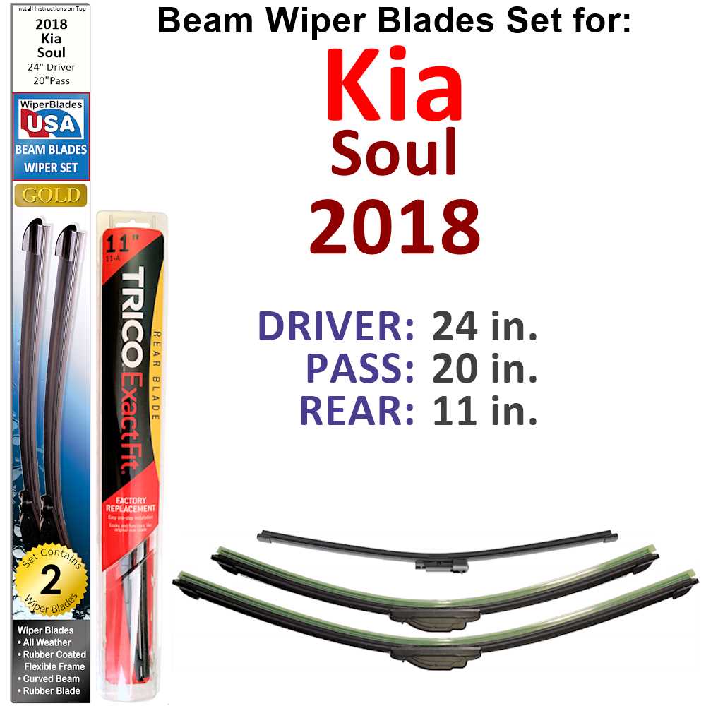 Set of 3 Beam Wiper Blades designed for 2018 Kia Soul, showcasing their flexible and durable construction.