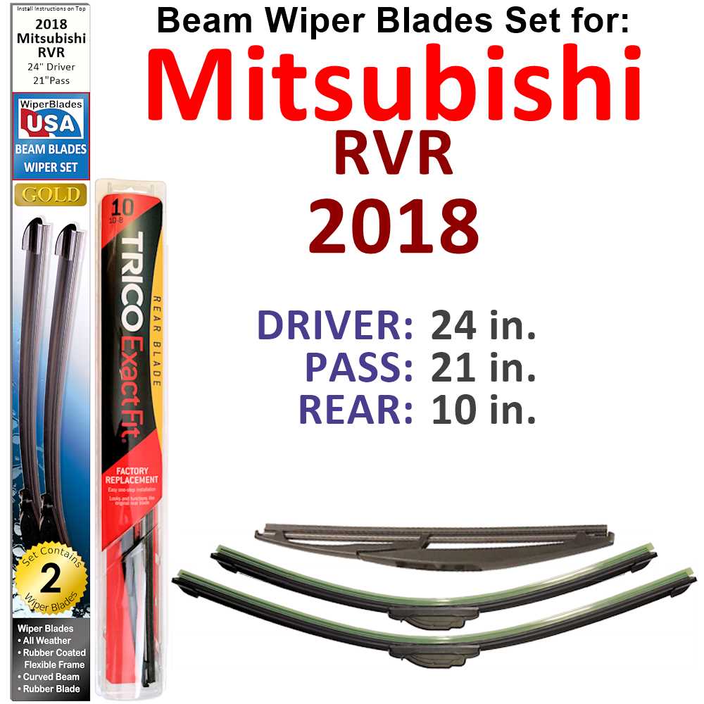 Set of 3 Beam Wiper Blades designed for 2018 Mitsubishi RVR, showcasing their flexible and durable construction.