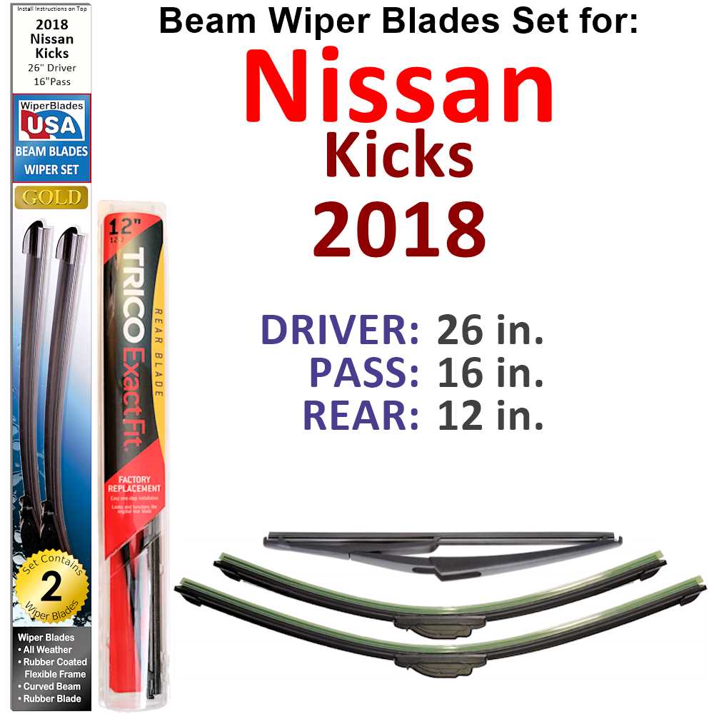 Set of 3 Beam Wiper Blades designed for 2018 Nissan Kicks, showcasing their flexible and durable construction.