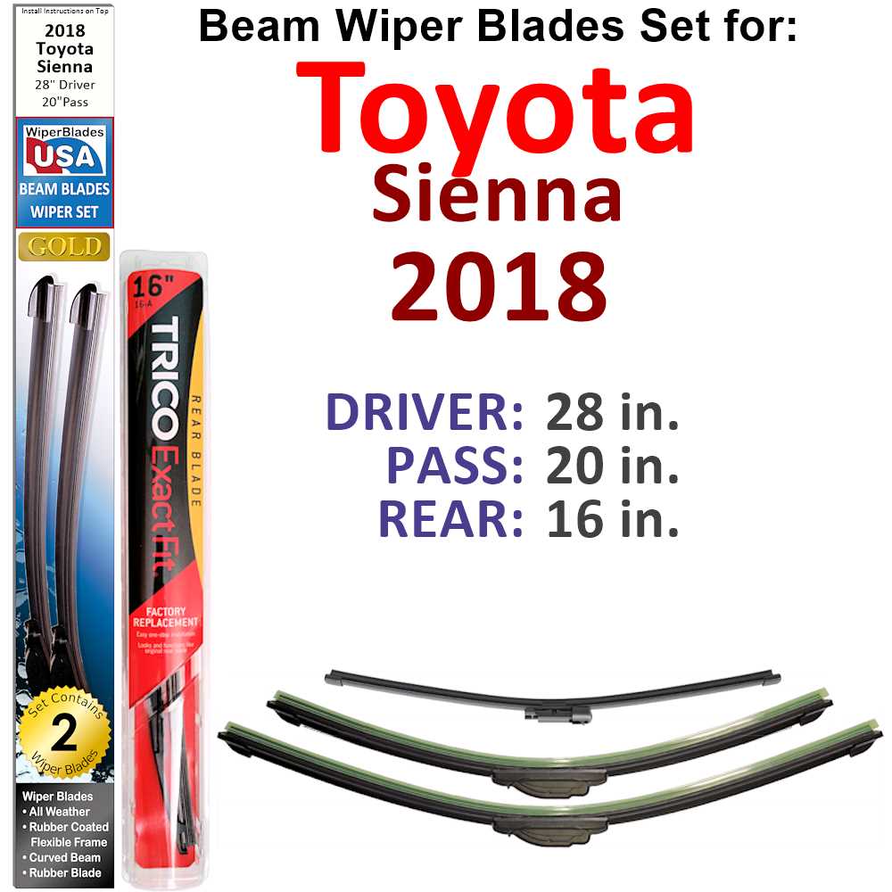 Set of 3 Beam Wiper Blades designed for 2018 Toyota Sienna, showcasing their flexible and durable construction.