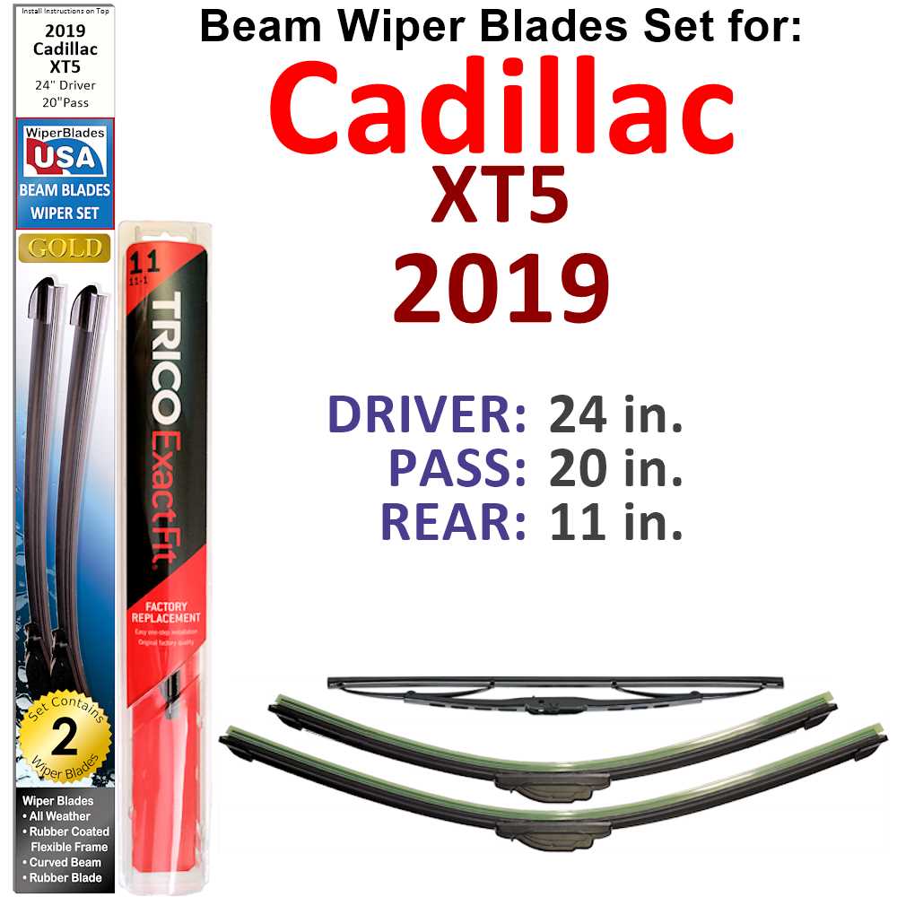 Set of 3 Beam Wiper Blades designed for 2019 Cadillac XT5 Platinum, showcasing their flexible and durable construction.