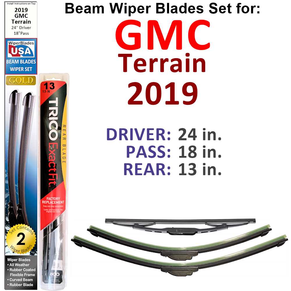 Set of 3 Beam Wiper Blades designed for 2019 GMC Terrain, showcasing their flexible and durable construction.