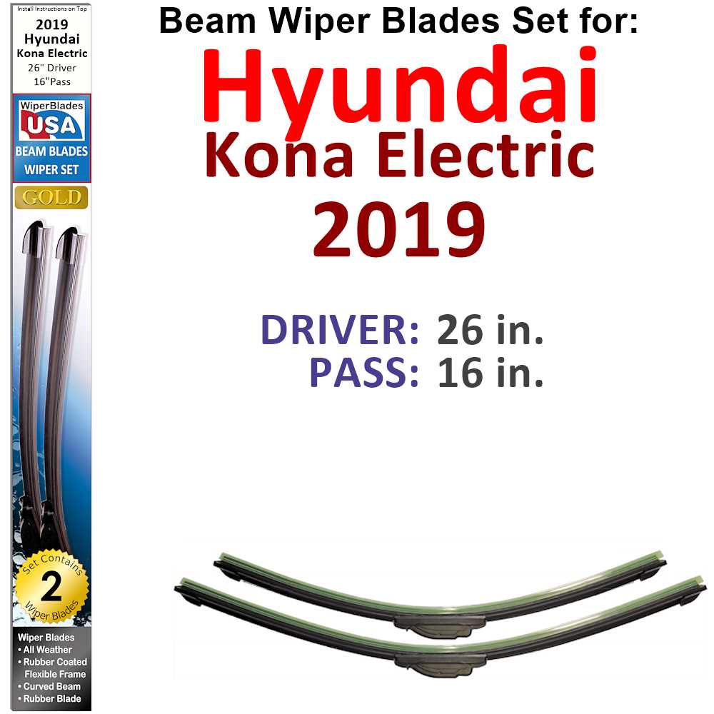 Set of two Beam Wiper Blades designed for 2019 Hyundai Kona Electric, showcasing their flexible and low-profile design.