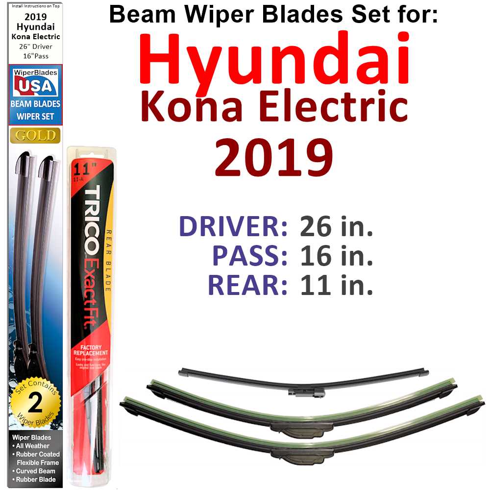 Set of 3 Beam Wiper Blades for 2019 Hyundai Kona Electric, showcasing their flexible design and durable rubber construction.