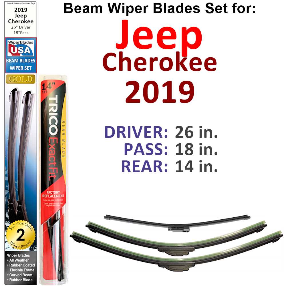 Set of 3 Beam Wiper Blades designed for 2019 Jeep Cherokee, showcasing their flexible and sealed construction for optimal performance.