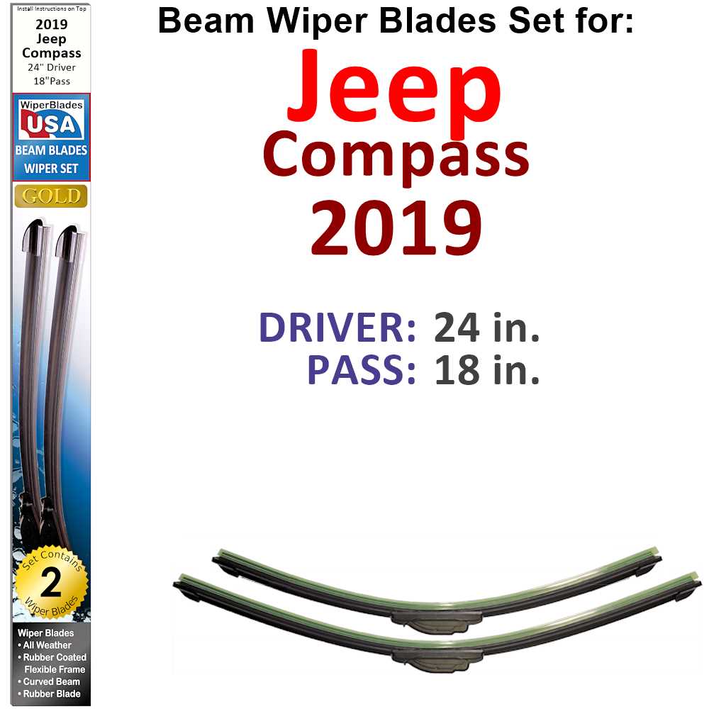 Set of two Beam Wiper Blades designed for 2019 Jeep Compass, showcasing their flexible and durable construction.