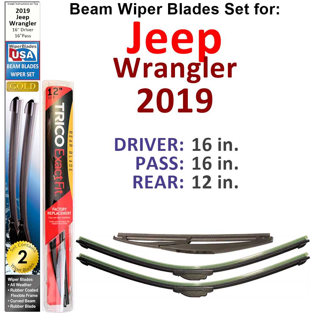 Set of 3 Beam Wiper Blades designed for 2019 Jeep Wrangler, showcasing their flexible and durable construction.