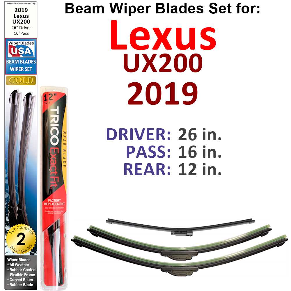 Set of 3 Beam Wiper Blades designed for 2019 Lexus UX200, showcasing their flexible and sealed construction for optimal performance.