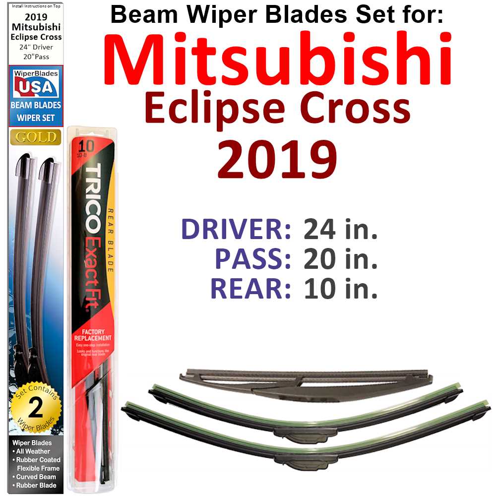 Set of 3 Beam Wiper Blades designed for 2019 Mitsubishi Eclipse Cross, showcasing their flexible and durable design.