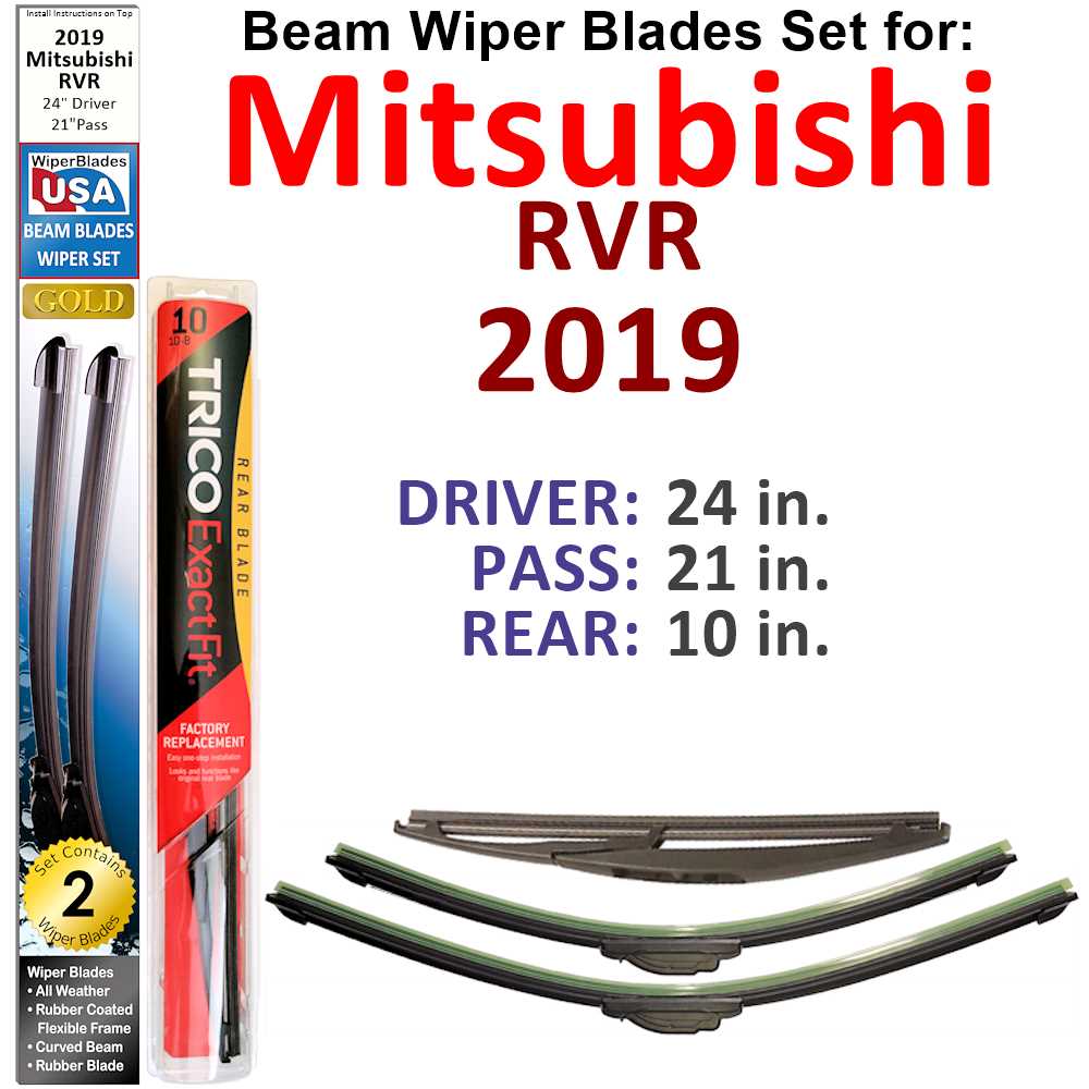 Set of 3 Beam Wiper Blades designed for 2019 Mitsubishi RVR, showcasing their flexible and durable design.