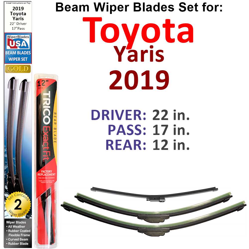 Set of 3 Beam Wiper Blades designed for 2019 Toyota Yaris, showcasing their flexible and durable construction.