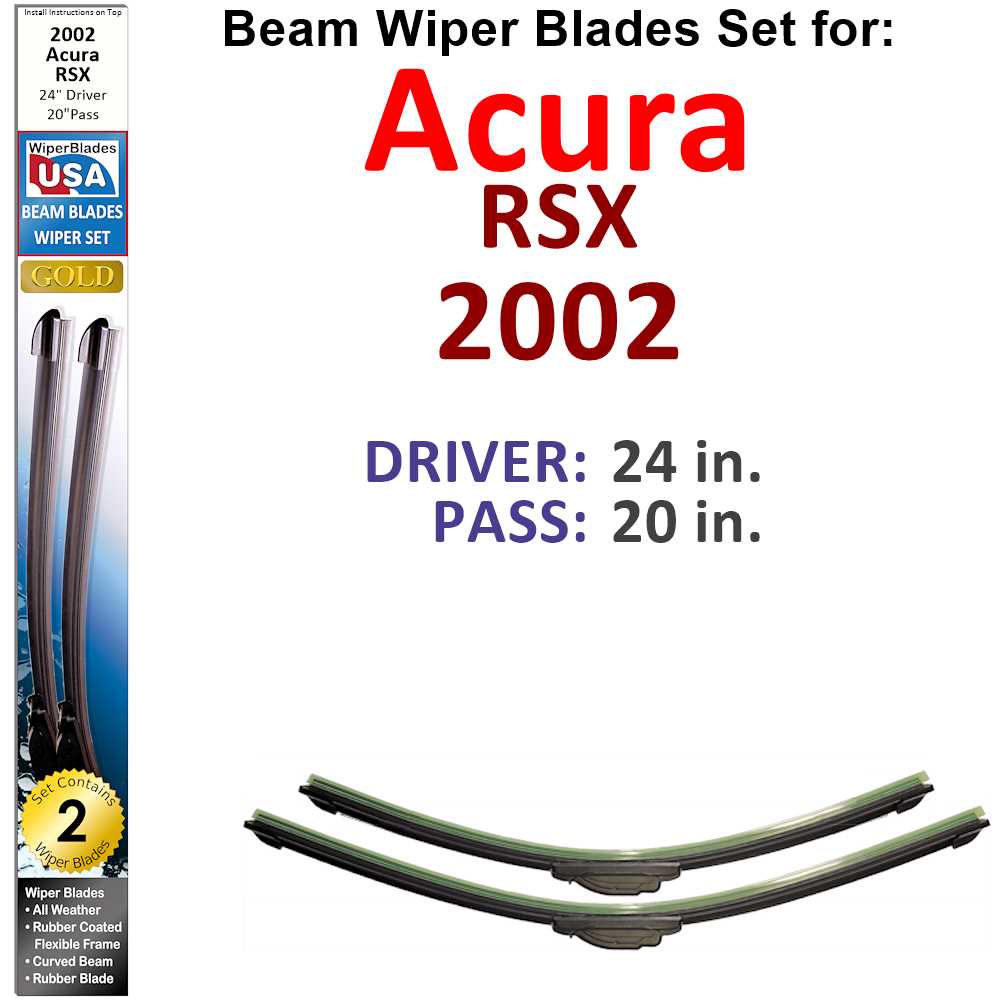 Set of two Beam Wiper Blades designed for 2002 Acura RSX, showcasing their flexible and durable construction.