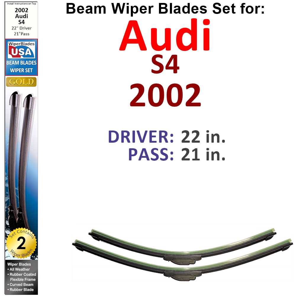 Set of two Beam Wiper Blades designed for 2002 Audi S4, featuring a low-profile and flexible design for optimal windshield contact.