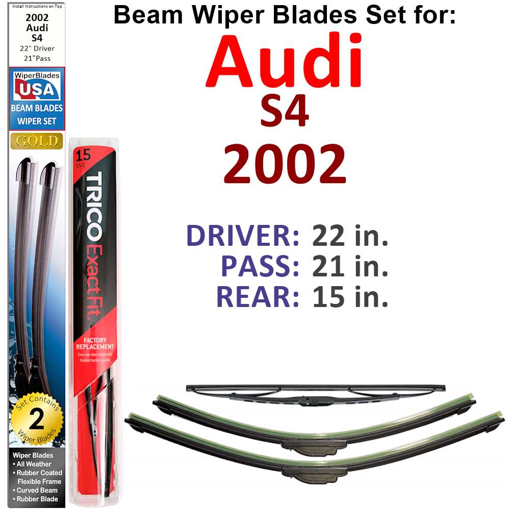 Set of 3 Beam Wiper Blades designed for 2002 Audi S4, showcasing their flexible and durable construction.