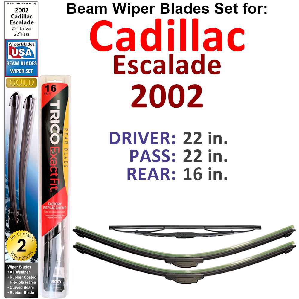 Set of 3 Beam Wiper Blades designed for 2002 Cadillac Escalade, showcasing their flexible and low-profile design.