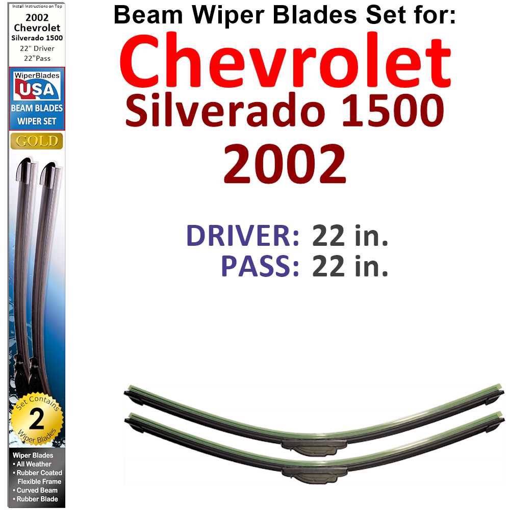 Set of 2 Beam Wiper Blades designed for 2002 Chevrolet Silverado 1500, showcasing their flexible and durable design.